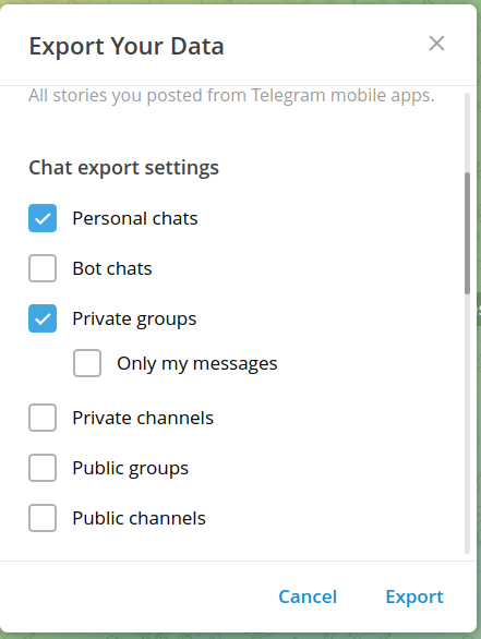 Telegram Export Settings